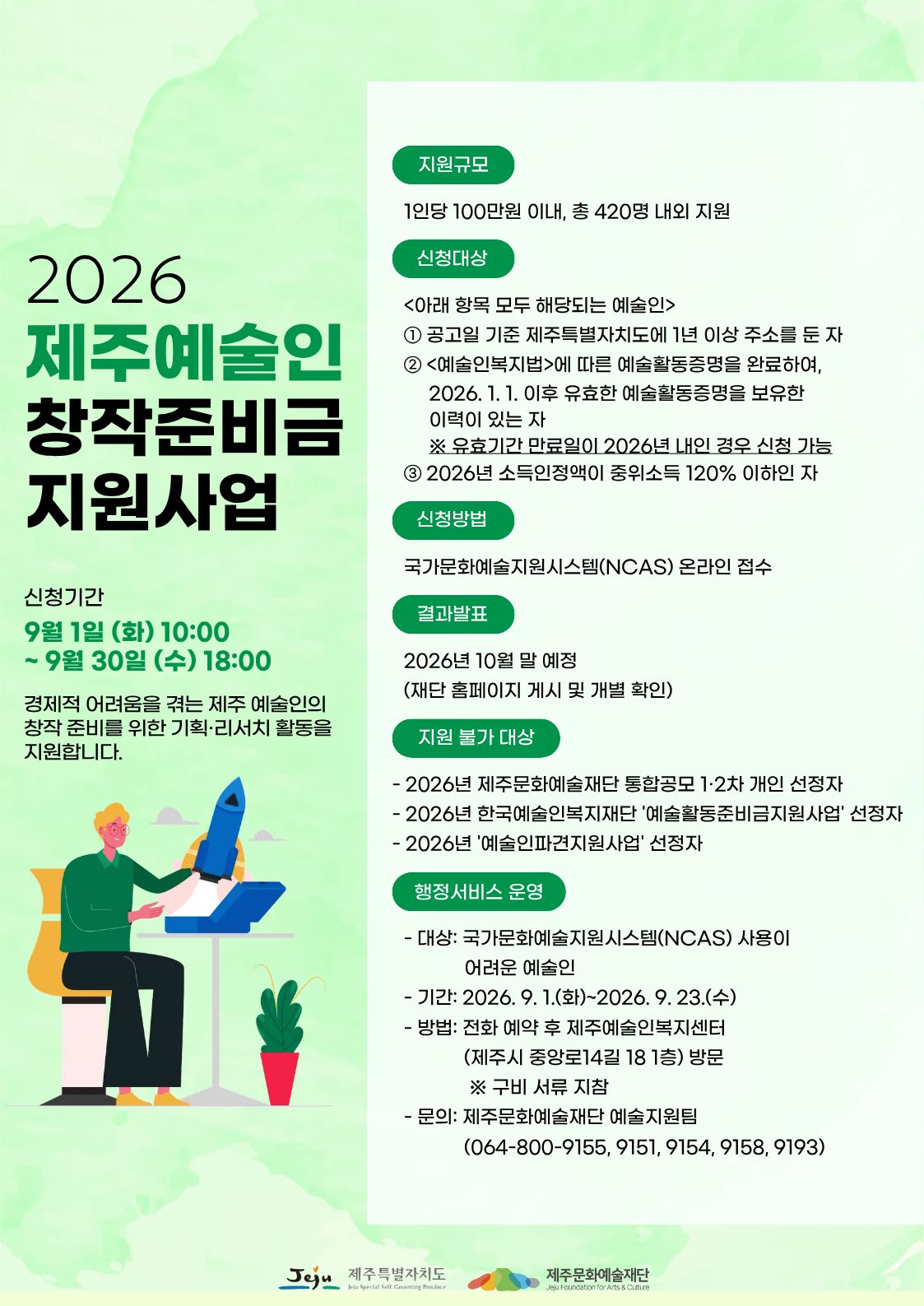 2026년 제주 예술인 창작준비금 지원사업 공모 포스터 1/2